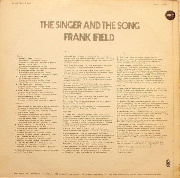 Frank Ifield : The Singer And The Song (LP, Album, Club)