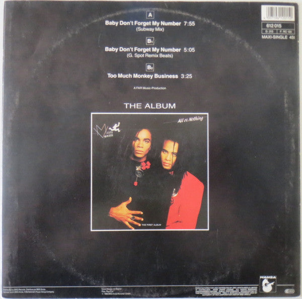 Milli Vanilli : Baby Don't Forget My Number (Subway Mix) (12", Single)