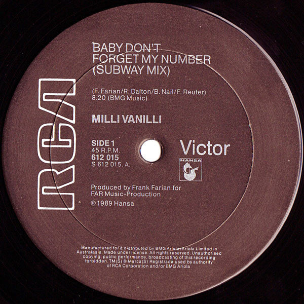 Milli Vanilli : Baby Don't Forget My Number (Subway Mix) (12", Single)