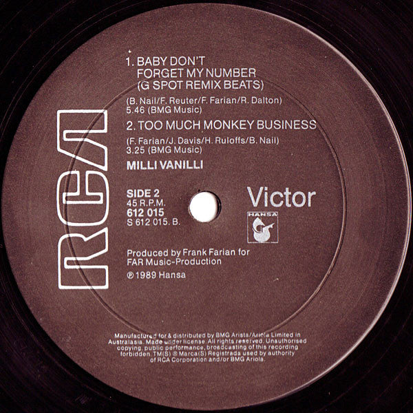 Milli Vanilli : Baby Don't Forget My Number (Subway Mix) (12", Single)