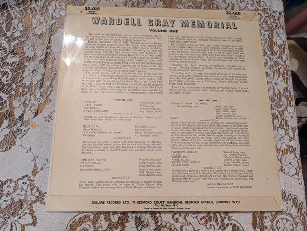 Wardell Gray : Memorial Volume One (LP, Album, Mono)