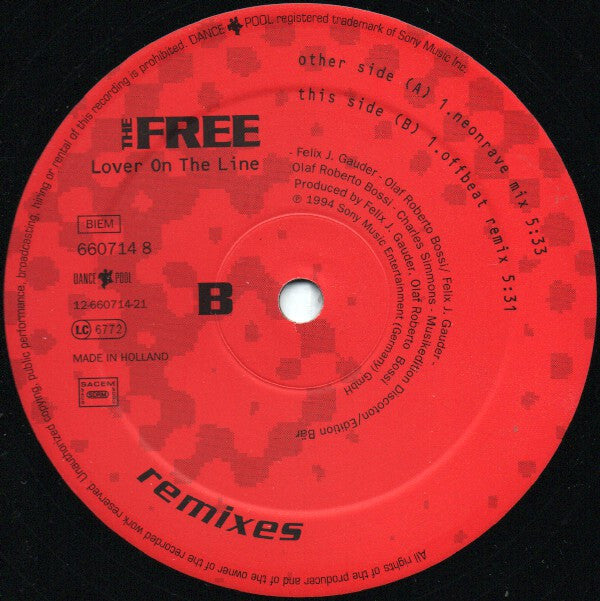 The Free : Lover On The Line (Remixes) (12", Maxi)