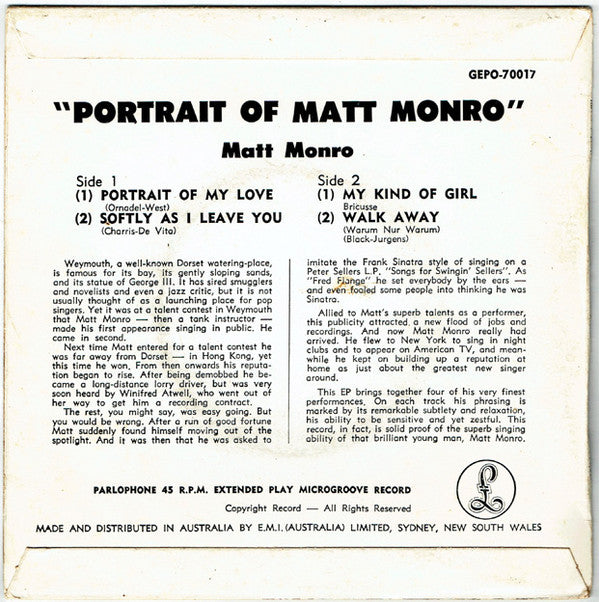 Matt Monro : Portrait Of Matt Monro (7", EP)