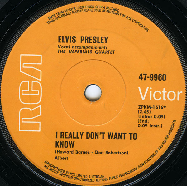 Elvis Presley : I Really Don't Want To Know / There Goes My Everything (7", Single, pic)