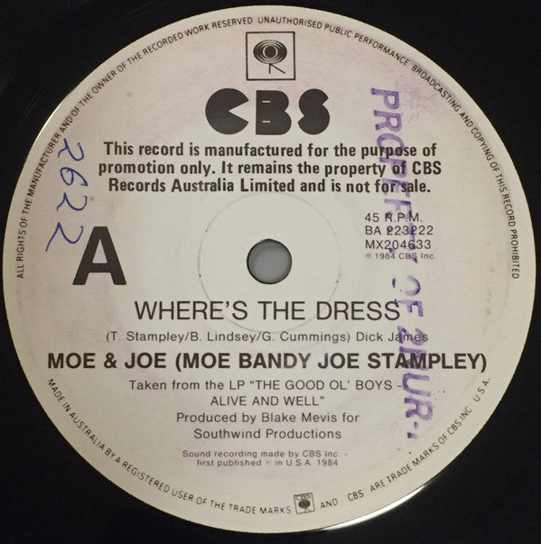 Moe Bandy & Joe Stampley : Where's The Dress (7", Single, Promo)