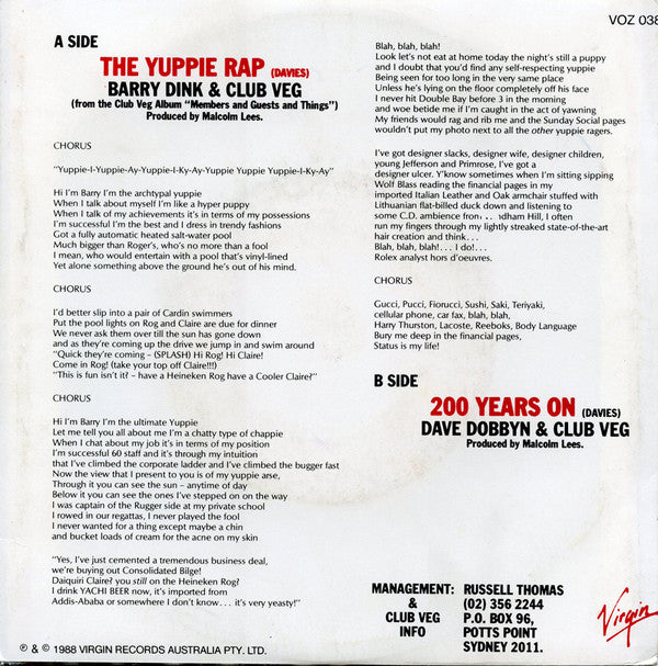 Club Veg : The Yuppie Rap (7", Single)