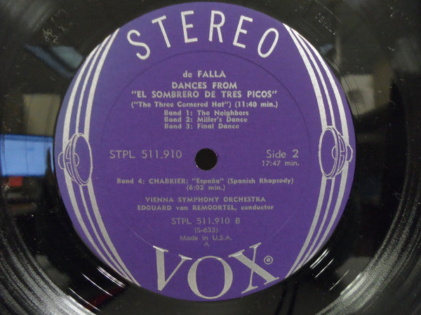 Manuel De Falla, Emmanuel Chabrier, Jean Madeira, Wiener Symphoniker, Edouard Van Remoortel : De Falla: El Amor Brujo, El Sombrero De Tres Picos; Chabrier: España (LP)