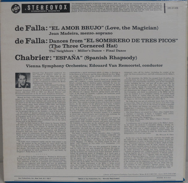 Manuel De Falla, Emmanuel Chabrier, Jean Madeira, Wiener Symphoniker, Edouard Van Remoortel : De Falla: El Amor Brujo, El Sombrero De Tres Picos; Chabrier: España (LP)