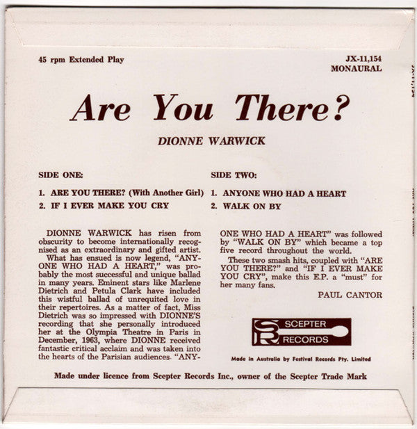 Dionne Warwick : Are You There? (7", EP, Mono)