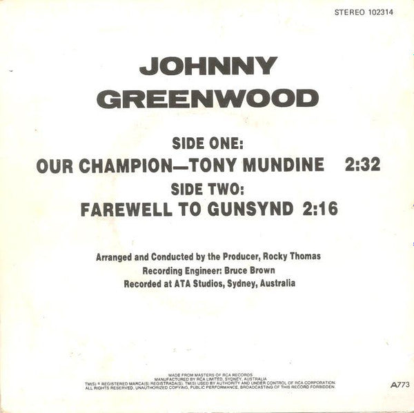 Johnny Greenwood : Our Champion - Tony Mundine (7", Single)