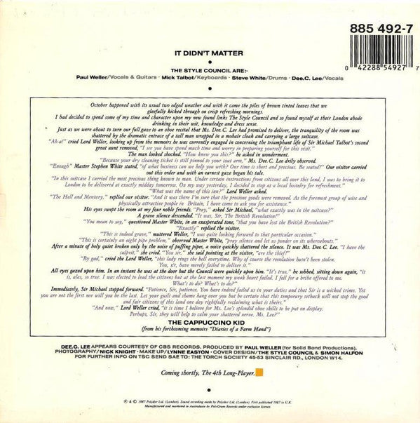 The Style Council : It Didn't Matter (7", Single)