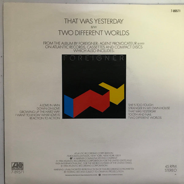 Foreigner : That Was Yesterday (7", Single)