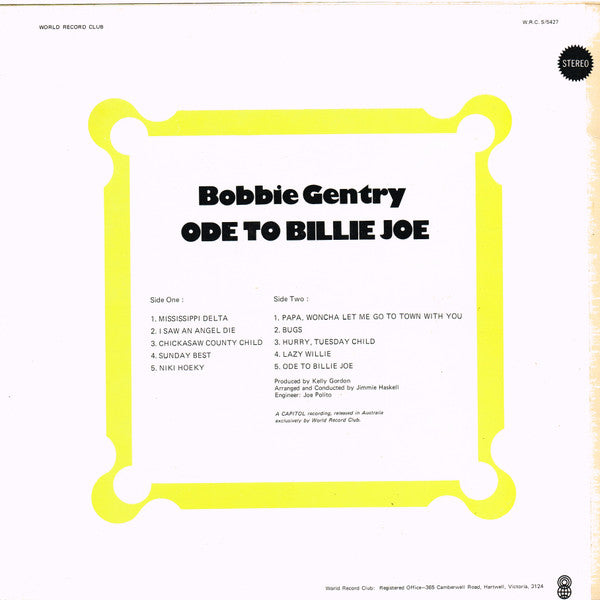 Bobbie Gentry : Ode To Billie Joe (LP, Album, Club, RE)