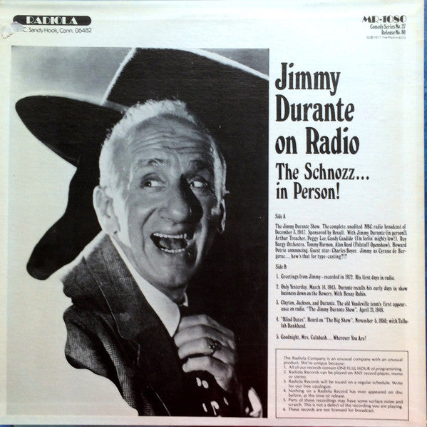 Jimmy Durante : Jimmy Durante On Radio, The Schnozz... In Person (LP, Album, Mono)