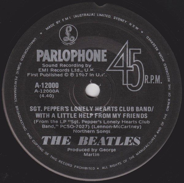 The Beatles : Sgt. Pepper's Lonely Hearts Club Band / With A Little Help From My Friends (7", Single)