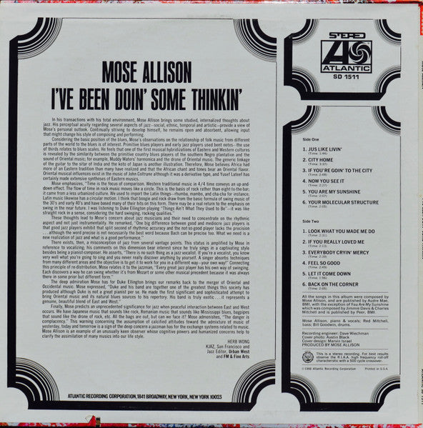 Mose Allison : I've Been Doin' Some Thinkin' (LP, Album, RP, Pre)