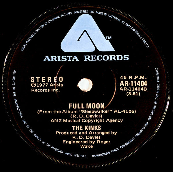 The Kinks : Sleepwalker / Full Moon (7", Single)