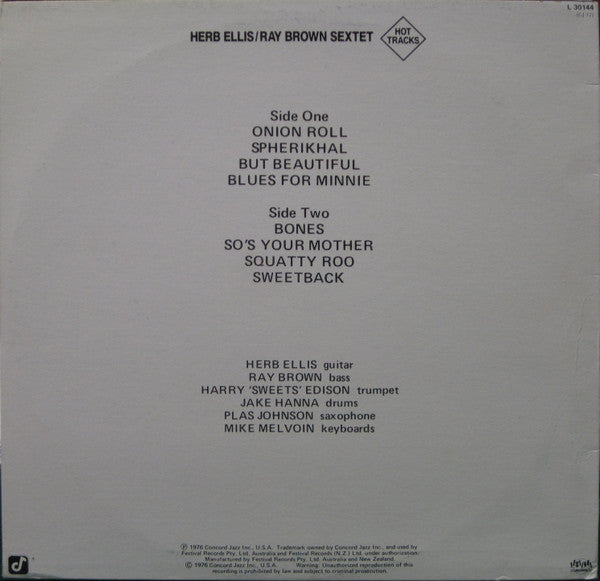 Herb Ellis-Ray Brown Sextet Featuring Harry Edison, Jake Hanna, Plas Johnson, Mike Melvoin : Hot Tracks (LP, Album)