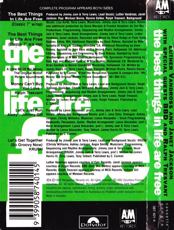 Luther Vandross And Janet Jackson With Special Guests Bell Biv Devoe And Ralph Tresvant : The Best Things In Life Are Free (Cass, Single)