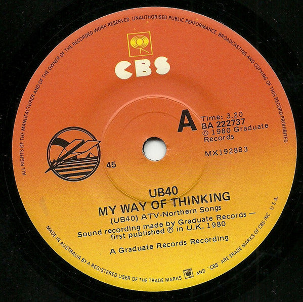 UB40 : I Think It's Going To Rain Today / My Way Of Thinking (7", Single)