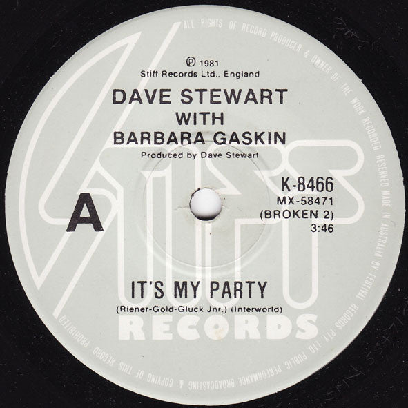 Dave Stewart &amp; Barbara Gaskin : It&#39;s My Party (7&quot;)