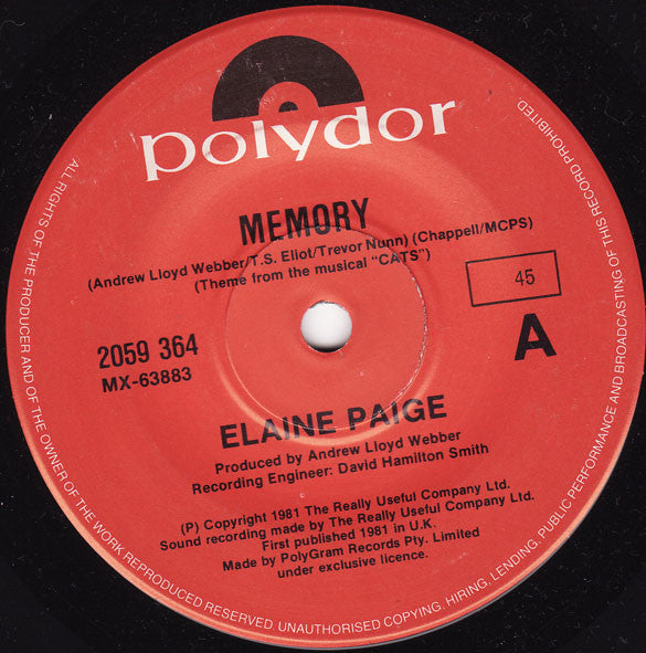 Elaine Paige : Memory (7&quot;, Single)