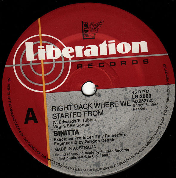 Sinitta : Right Back Where We Started From (7")