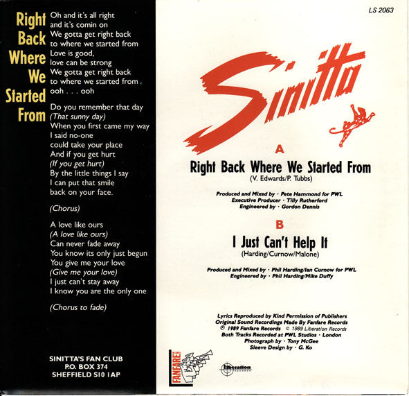 Sinitta : Right Back Where We Started From (7")