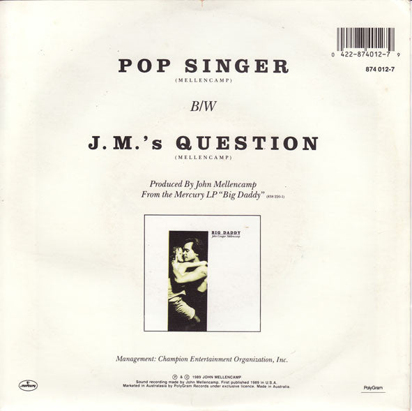 John Cougar Mellencamp : Pop Singer (7")