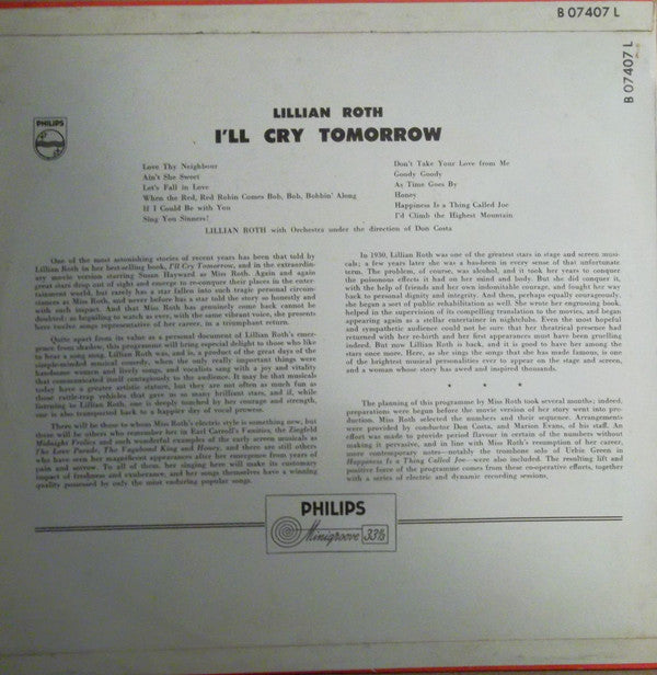 Lillian Roth : I'll Cry Tomorrow (LP, Album)