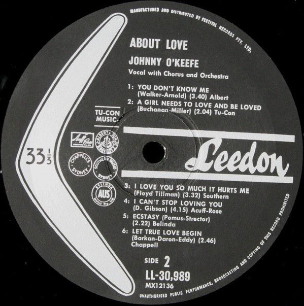 Johnny O'Keefe : About Love ... (LP, Album, Mono)