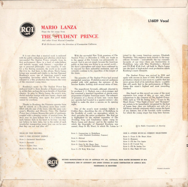 Mario Lanza : The Student Prince (LP, Album, RE)