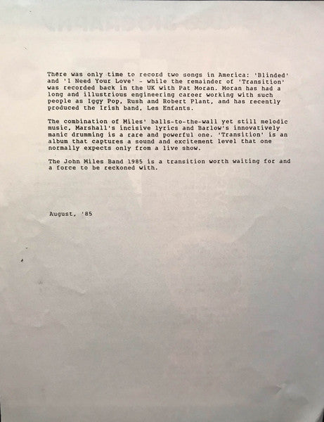 John Miles Band : Transition (LP, Album)