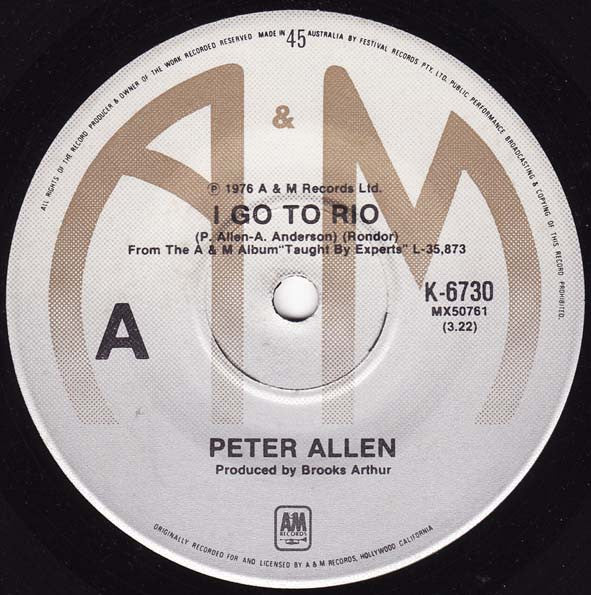 Peter Allen : I Go To Rio (7", Single)
