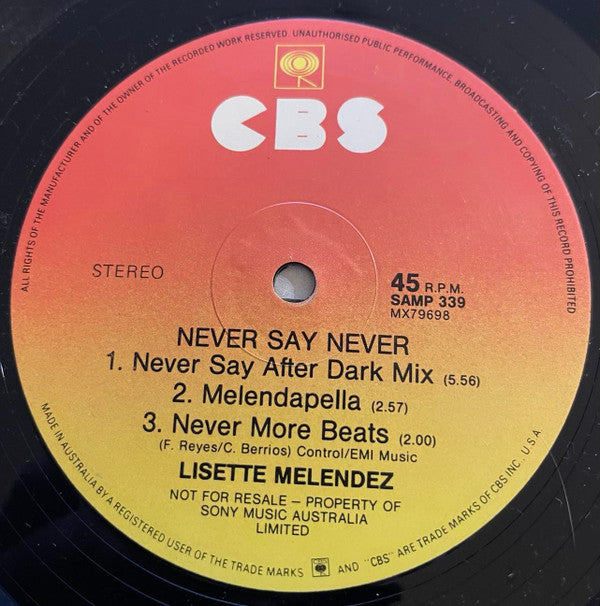 Lisette Melendez : Never Say Never (12", Promo)