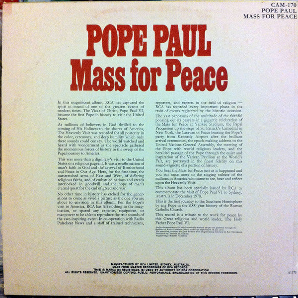 Pope Paul VI : Mass For Peace (LP, Mono)