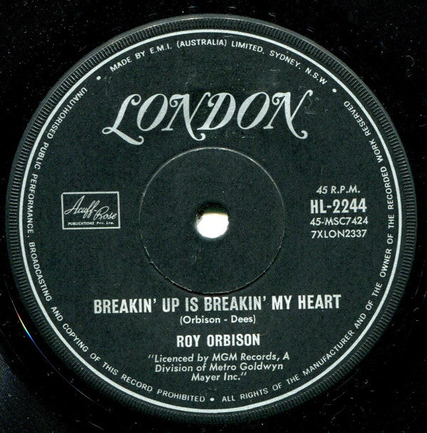 Roy Orbison : Breakin' Up Is Breakin' My Heart (7", Single)