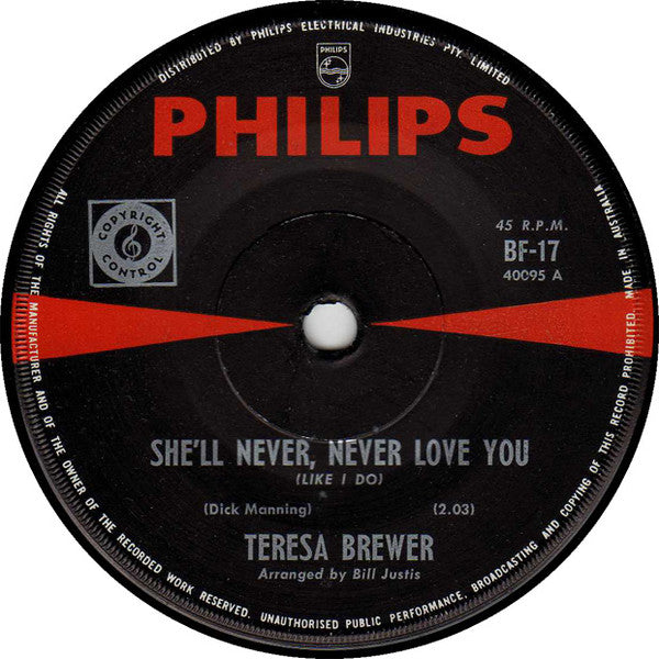 Teresa Brewer : She'll Never Never Love You (Like I Do)  (7", Single)