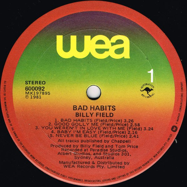Billy Field : Bad Habits (LP, Album)
