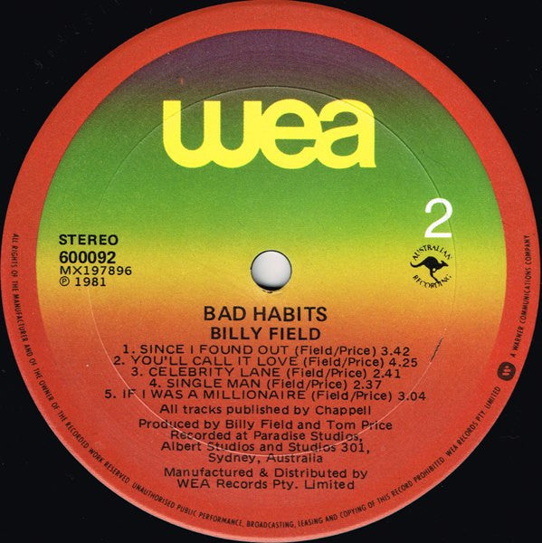 Billy Field : Bad Habits (LP, Album)