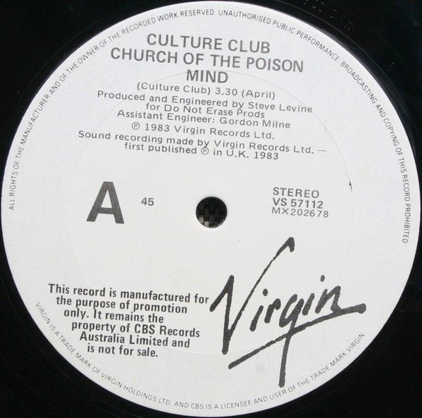 Culture Club : Church Of The Poison Mind (12", Single, Promo)