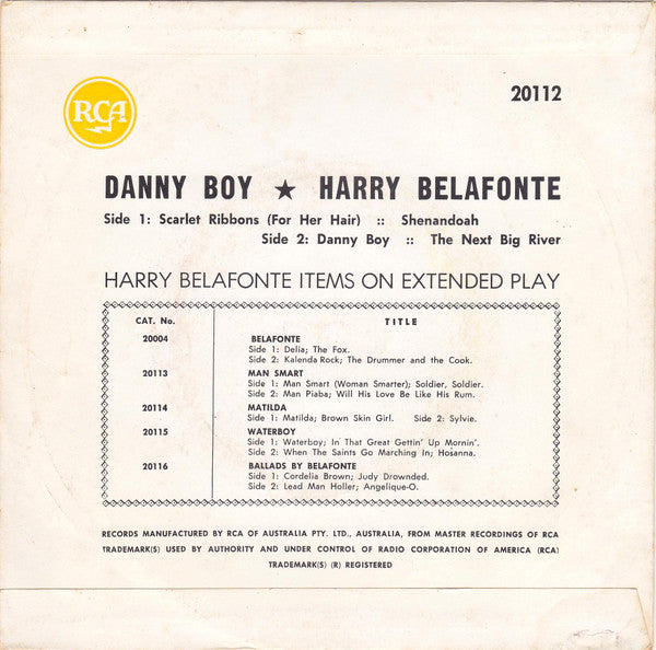 Harry Belafonte : Danny Boy (7", EP, RP, Sol)