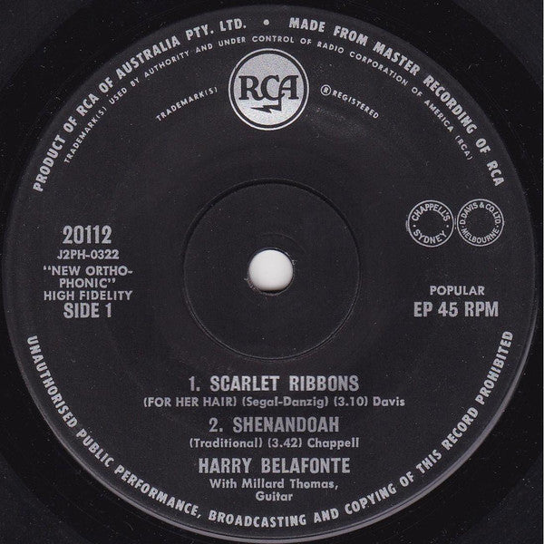 Harry Belafonte : Danny Boy (7", EP, RP, Sol)