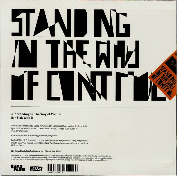 The Gossip : Standing In The Way Of Control (7", Single)