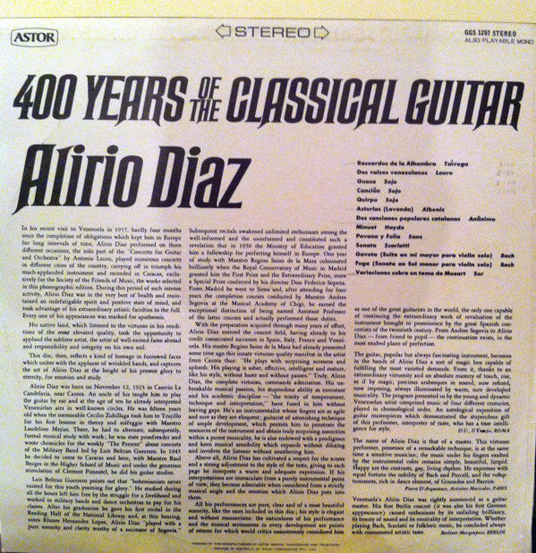 Alirio Díaz : 400 Years Of The Classical Guitar (LP, Album, RE)