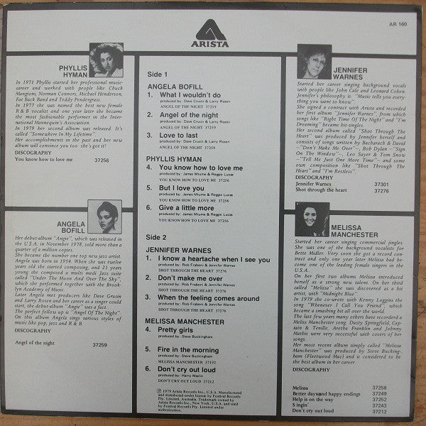 Jennifer Warnes, Phyllis Hyman, Melissa Manchester, Angela Bofill : Promotional Album - Not For Sale (LP, Comp, Promo)