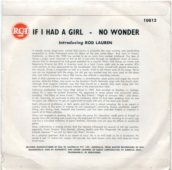 Rod Lauren : If I Had A Girl (7", Single)