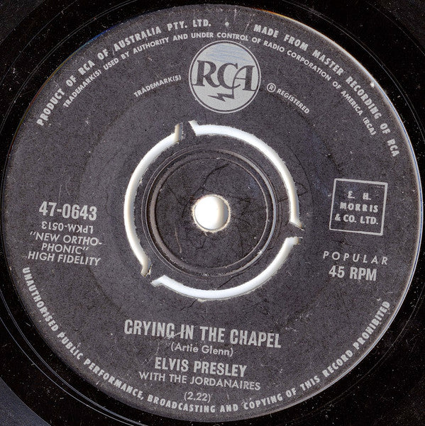 Elvis Presley : Crying In The Chapel / I Believe In The Man In The Sky (7", Single, Mono, 3 P)